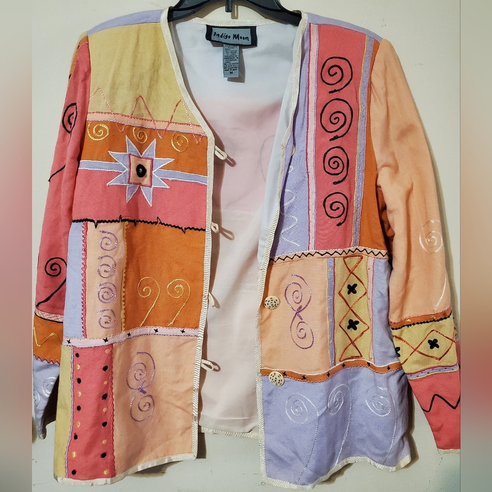 Indigo Moon Womens Patchwork design Embroidered Lightweight Jacket Large - Picture 1 of 4